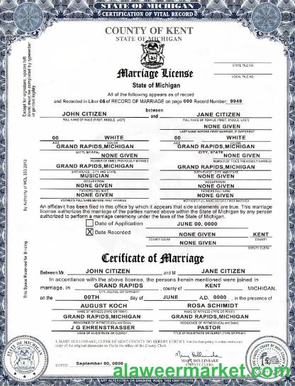 USA state Michigan Kent County marriage certificate template in PSD format, fully editable